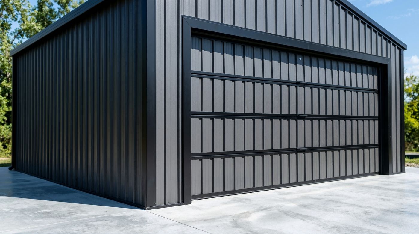 Dark metal building with a wide framed garage door