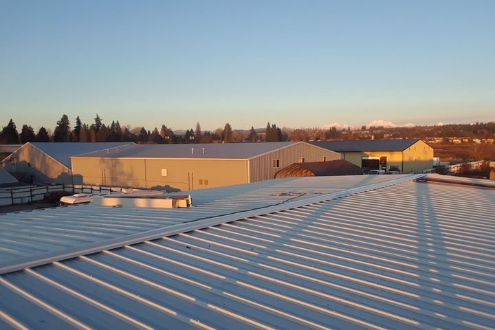 Standing-seam metal roof on a commercial building at sunset