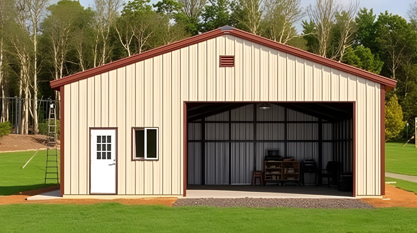 Tan steel garage building with a large open bay