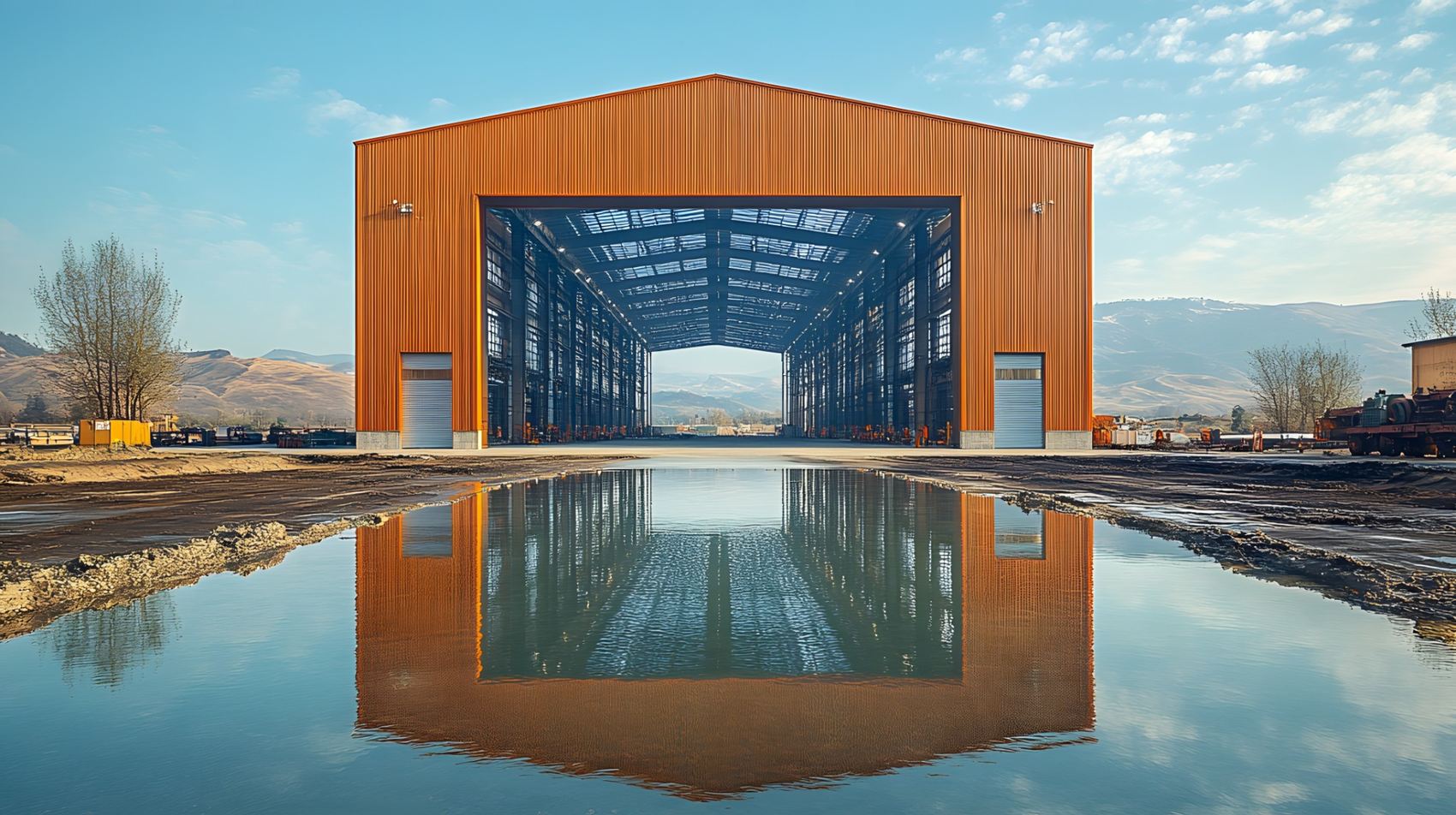 Large orange industrial steel building with a wide clear-span opening