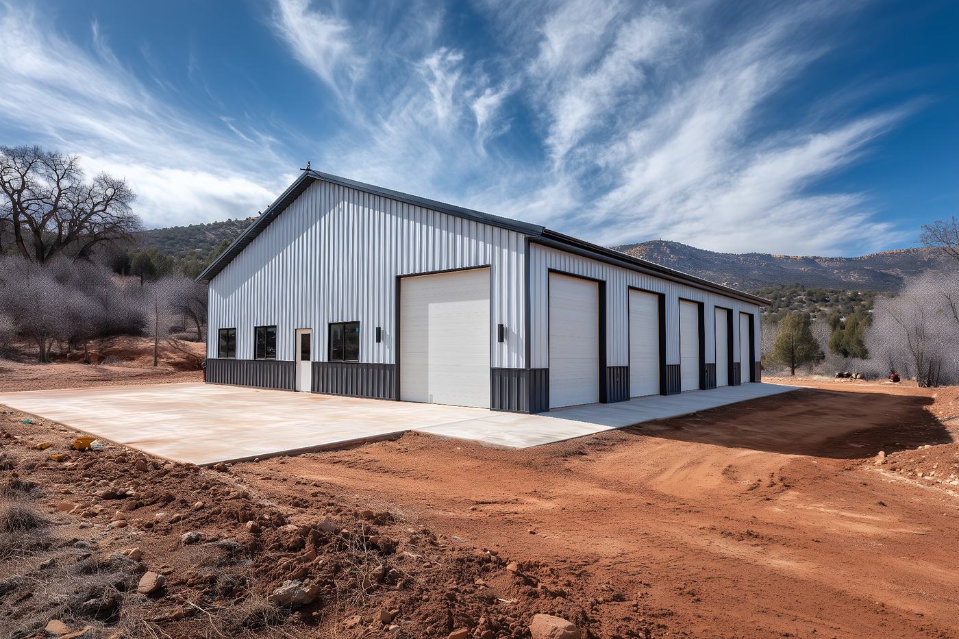 Large white steel shop building with multiple overhead doors